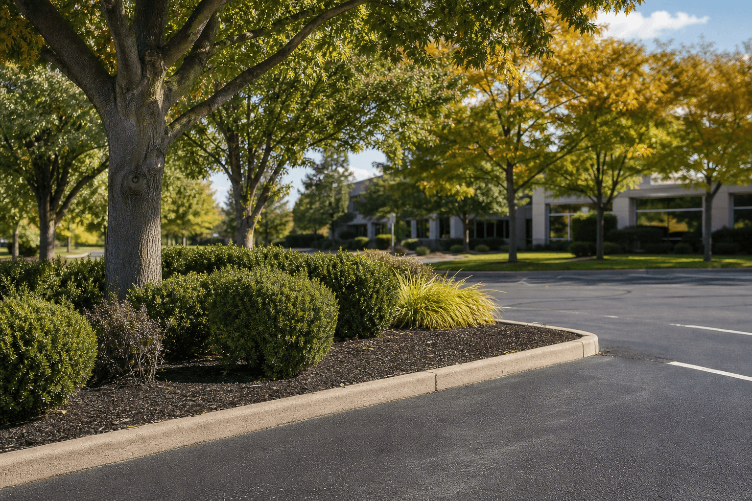 Well-maintained commercial property in Monroe County NY with clean landscaping beds and trimmed trees in early fall