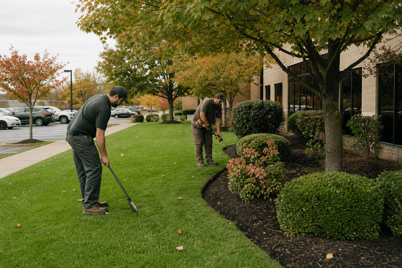 Landscaping crew maintaining lawn edges and planting beds at a Monroe County commercial property in early fall
