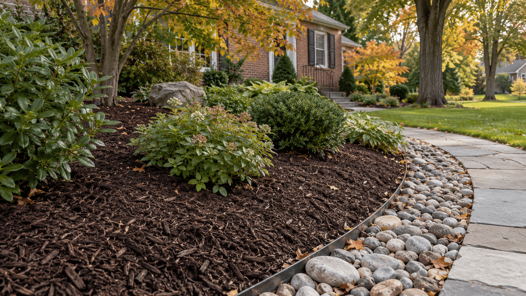 Illustrative Rochester-area garden with dark bark mulch, shrubs, and a river-stone border beside a walkway