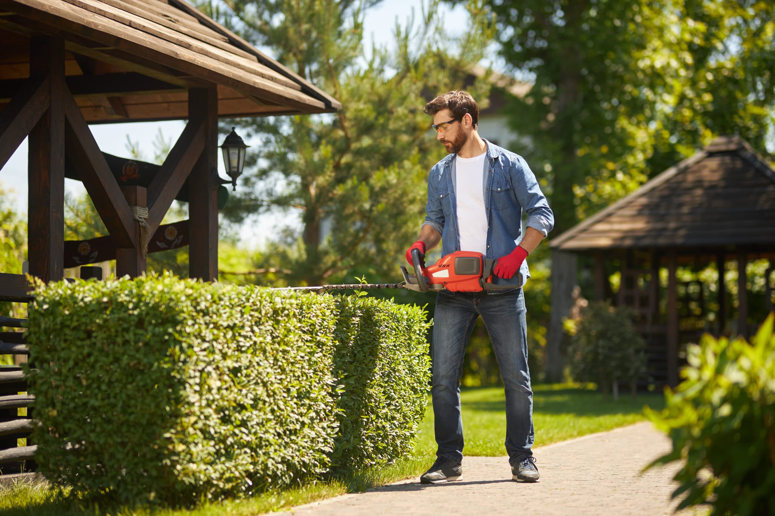 Landscaping crew trimming a hedge along a walkway