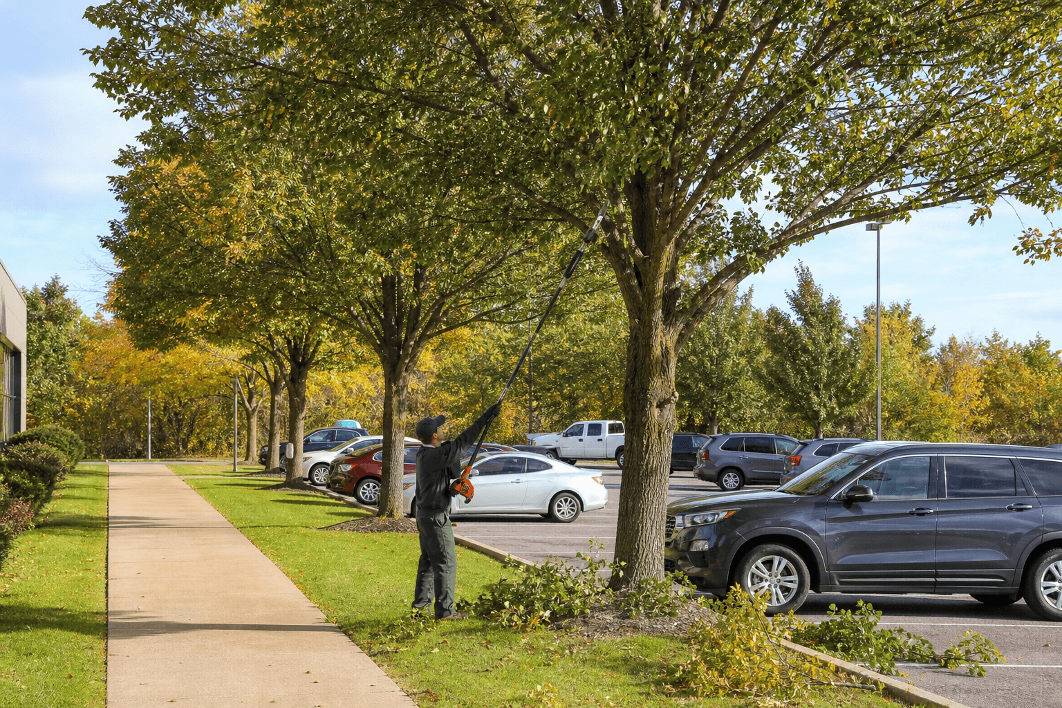 Clearance-pruned trees along a commercial parking lot in Wayne County NY
