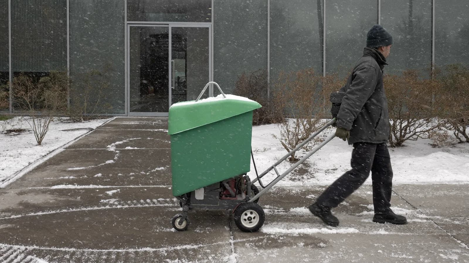Crew spreading de-icing salt on a cleared commercial sidewalk outside an office entrance