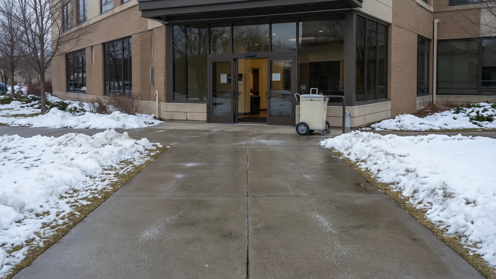 Illustrative cleared office entrance walkway with snowbanks and a salt dispenser cart