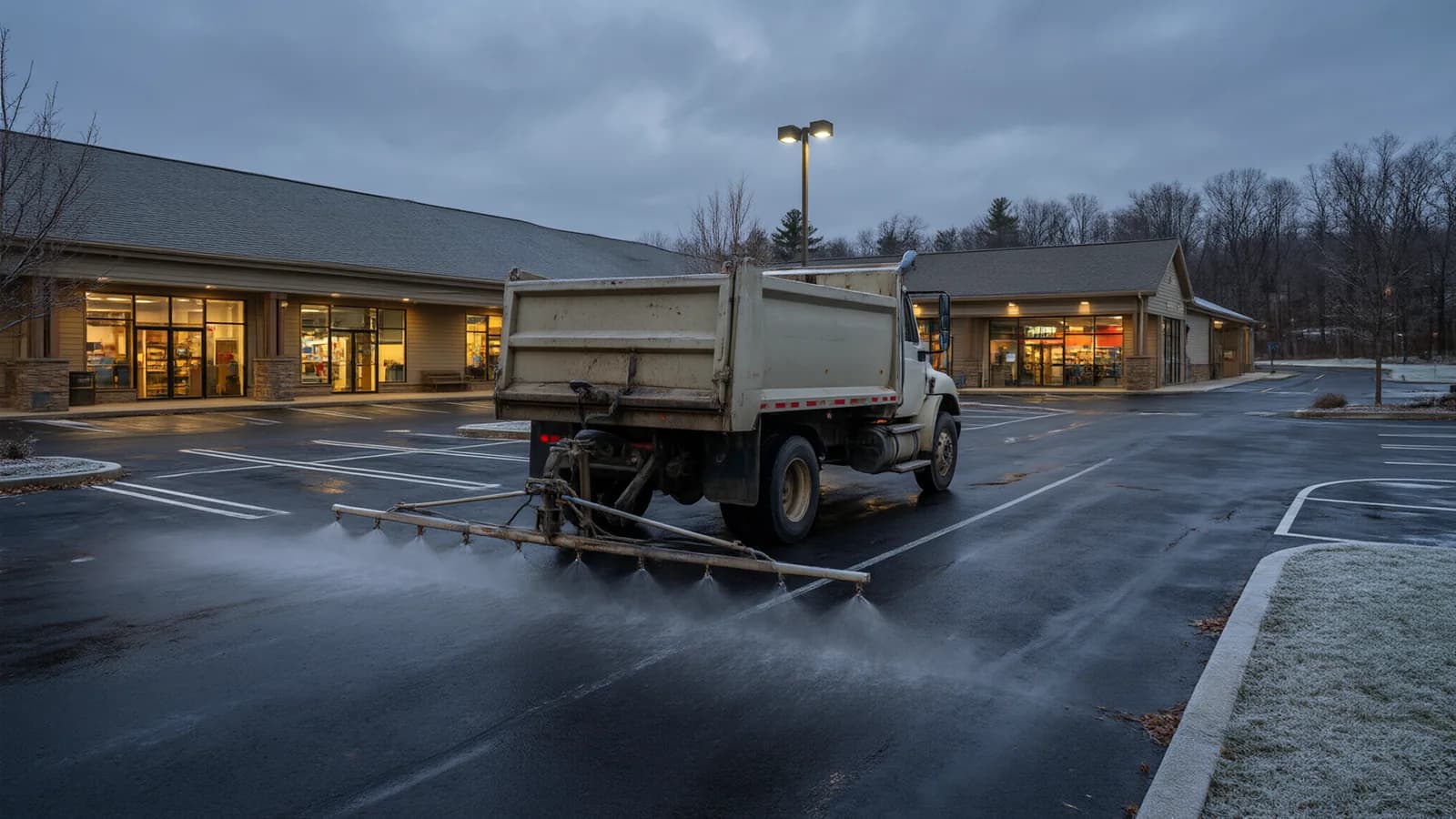 Illustrative truck spraying liquid product on a plaza lot for commercial de-icing services in Rochester, NY