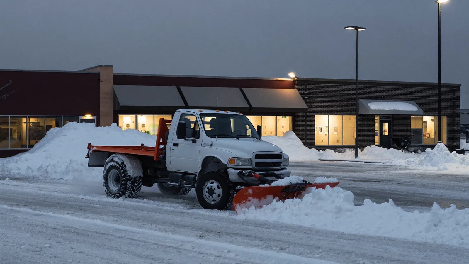 Plow truck clearing a commercial plaza lot under a commercial snow removal contract in Rochester, NY