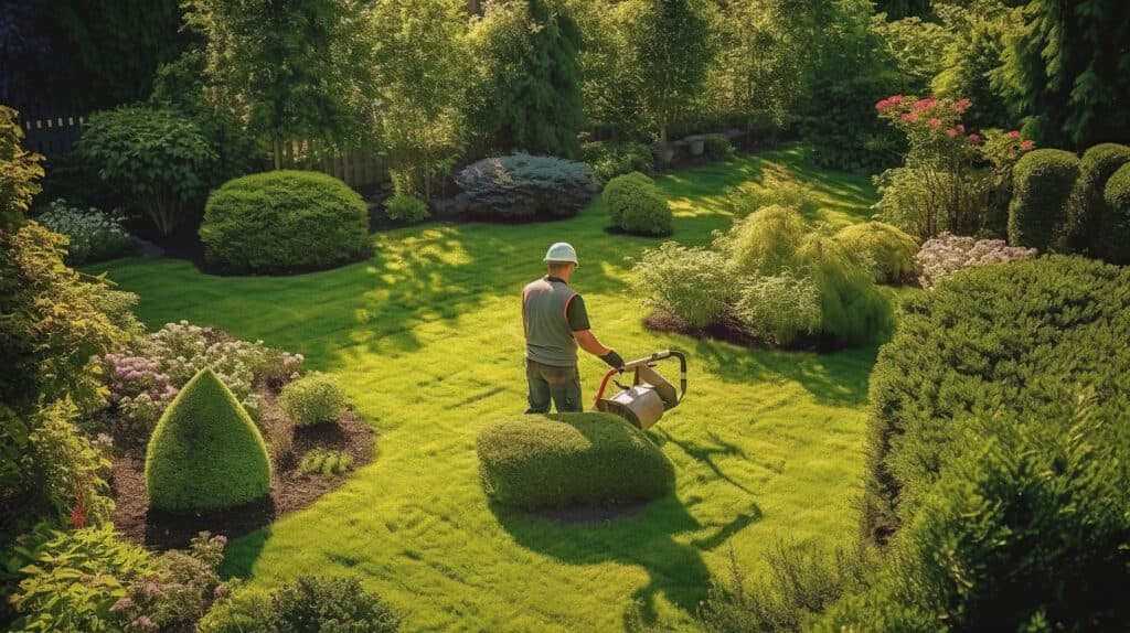Landscaping crew trimming hedges in a residential garden