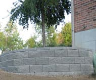 Curved block retaining wall around a tree near a building