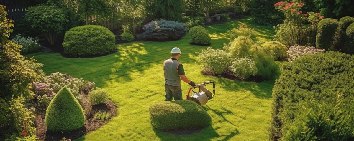 Residential Garden Worker Trimming Backyard Lawn